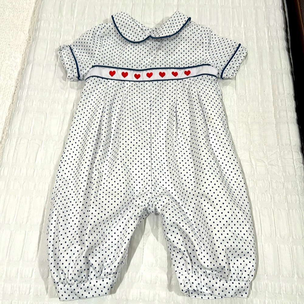 SMOCKINGBIRD Peter Pan Collar Polka Dot Romper Embroidered Hearts One Piece 12mo